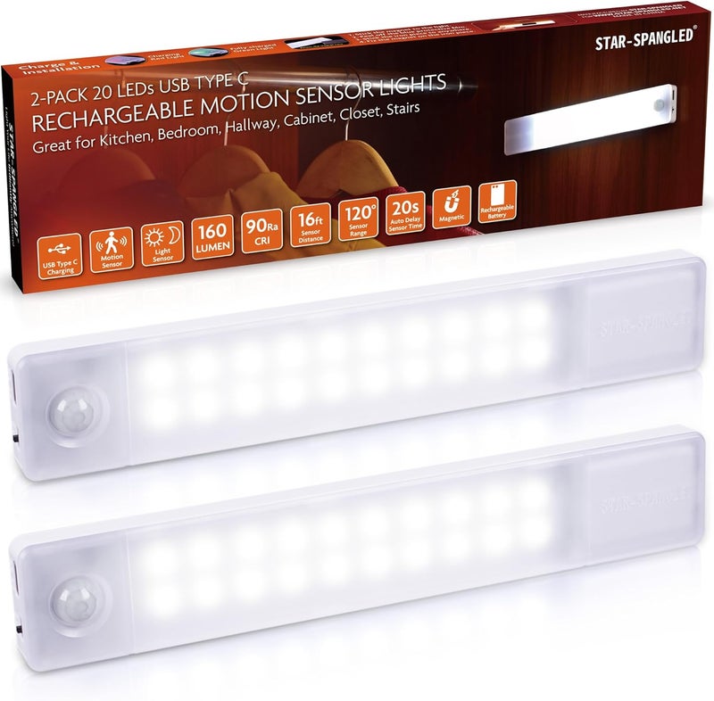 STAR-SPANGLED Under Cabinet Lighting Rechargeable, 8 inch Motion Sensor Lights Indoor Battery Operated, USB Stick on LED Magnetic Closet Light for Counter, Stairs, Kitchen, Cool White, 2 Pack - Image 1